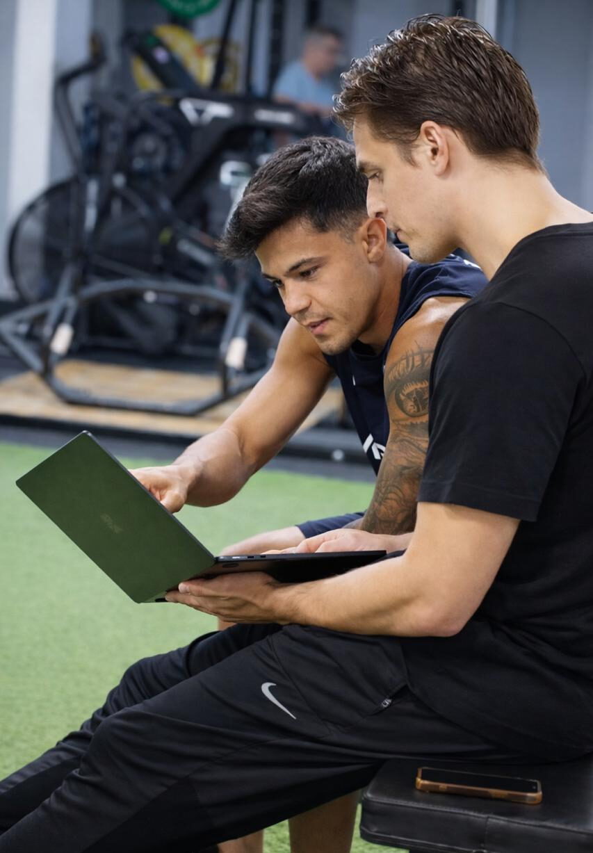personal trainer diseñando plan de entrenamientos para clientes